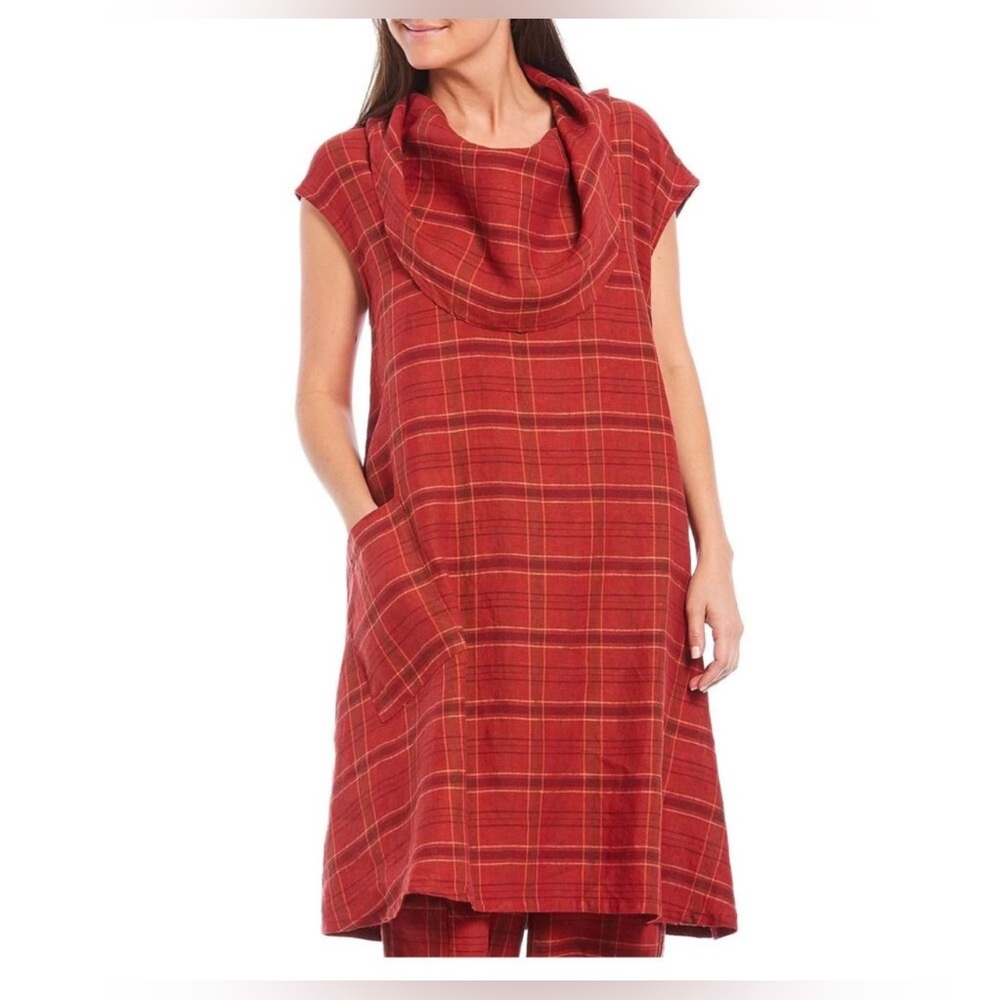 Bryn Walker Red Orange Plaid Linen Nolan Cowl Neck Sleeveless Tunic Dress